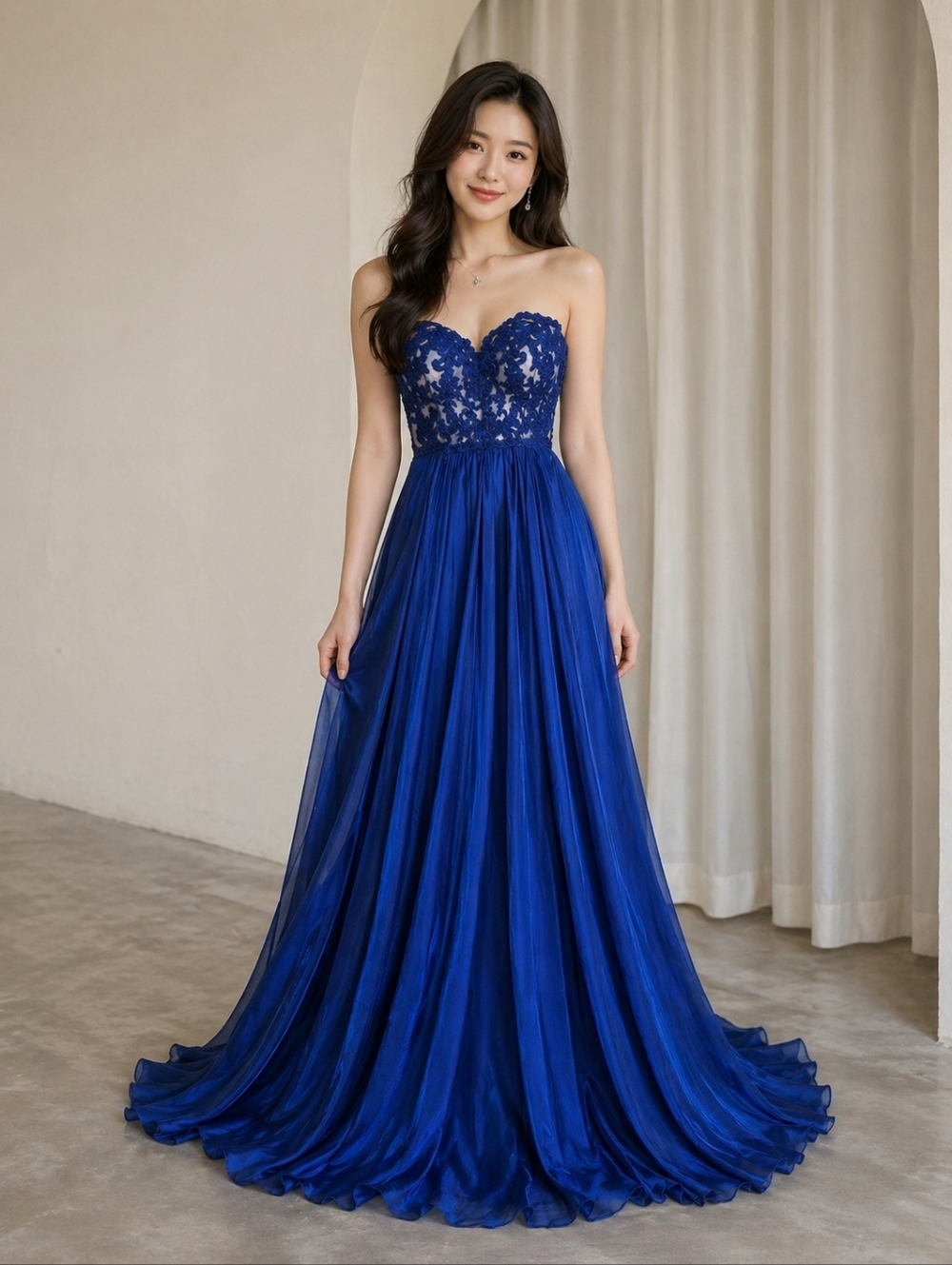 La Femme Strapless Royal Blue Lace Appliqué Prom Gown